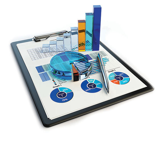 Image of a clipboard with a piece of paper displaying charts with a 3D pie chart and bar graph
