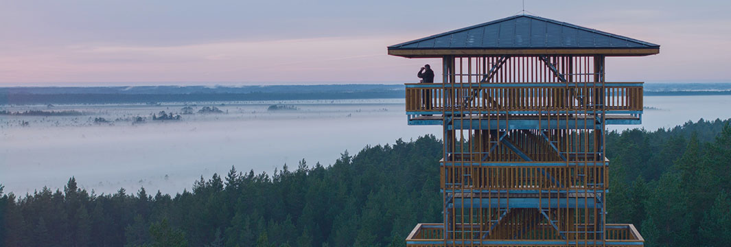 Man in wooden watchtower looking at mountain forest and water with binoculars