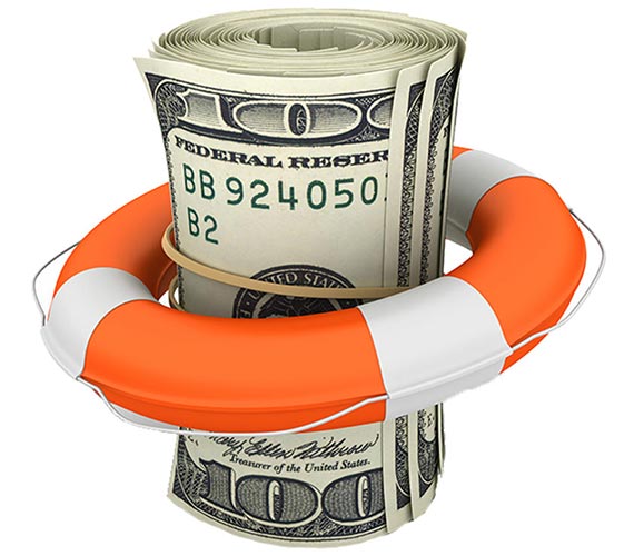 Image of a roll of $100 bills surrounded by a life buoy